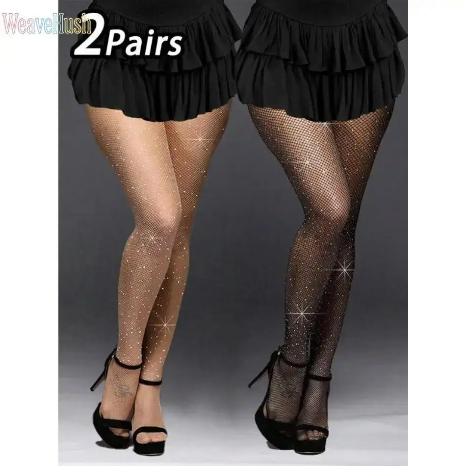 Women's Sparkle Rhinestones Fishnet Pantyhose - 2-Pack Mesh Netting PVC Hosiery, Fashion Accessory Tights for Multiple Events