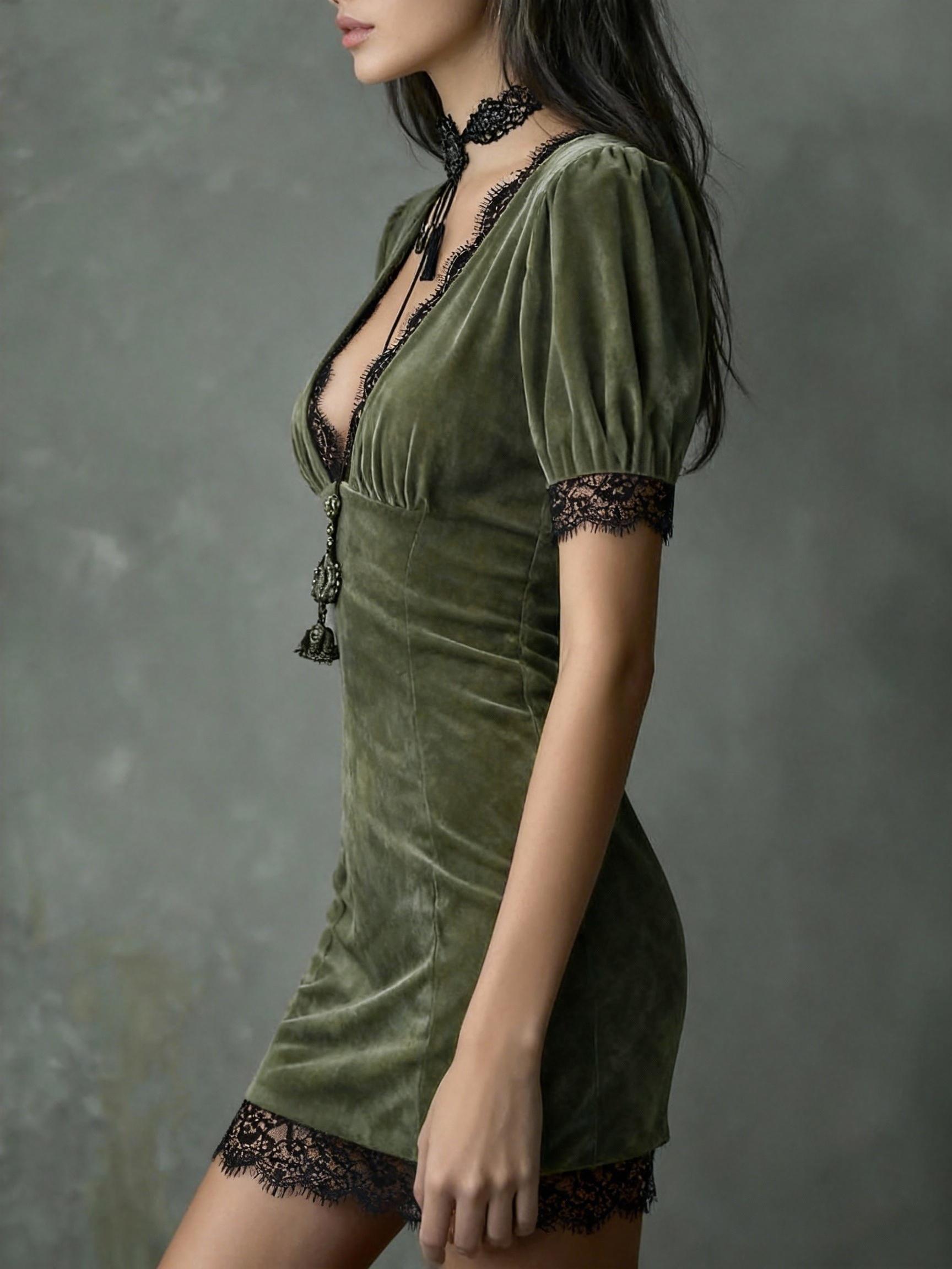 Directional Style+Velvet Lace V-Neck Slim-Fit Short Sleeve Dress, Suitable for Commuting, Casual Outings, and Various Occasions Like Dates