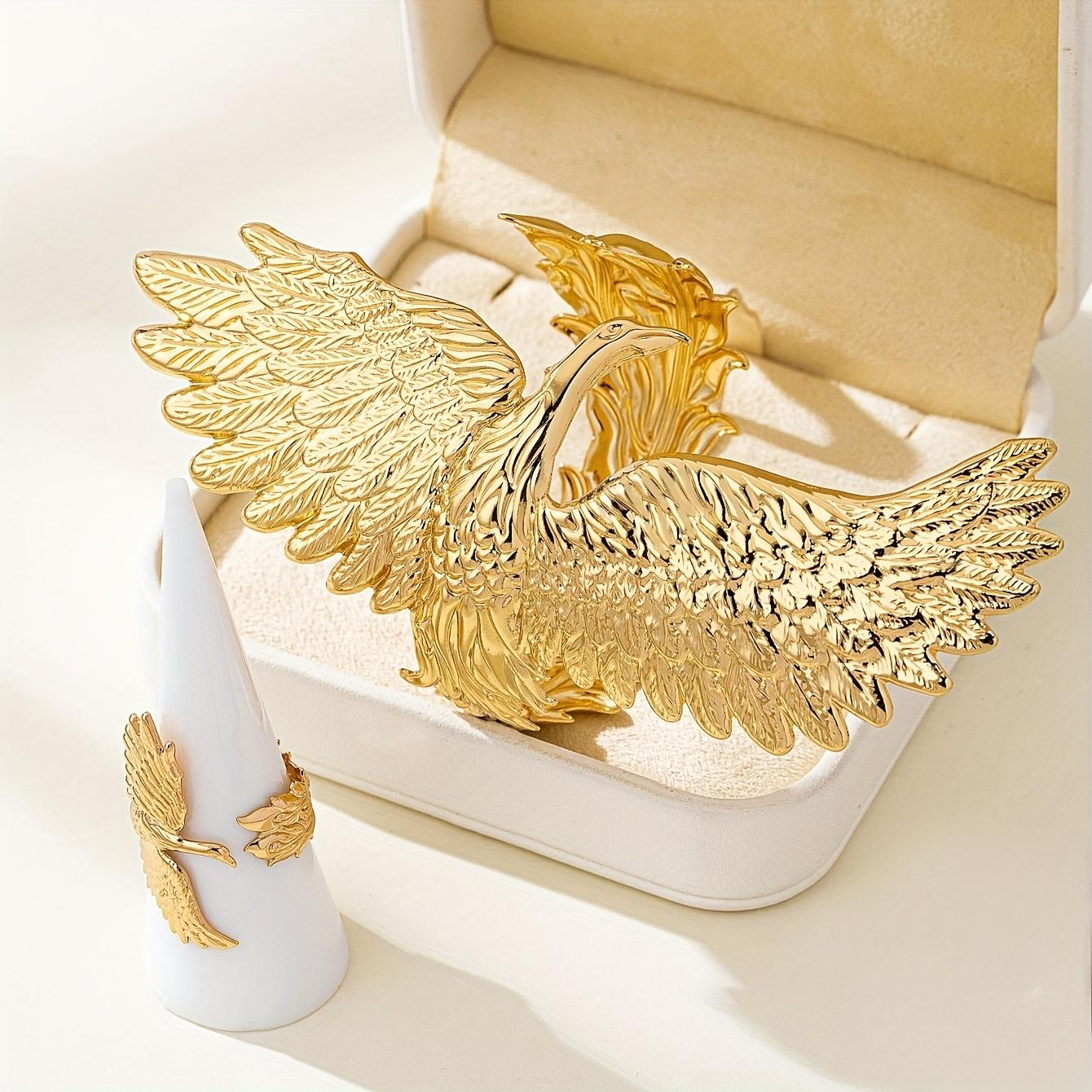 Bold & Edgy Punk-Style Jewelry Set: Eagle-Themed Open Ring and Cuff Bracelet featuring a Smooth Finish, Unique Retro Patterns, and Geometric Design