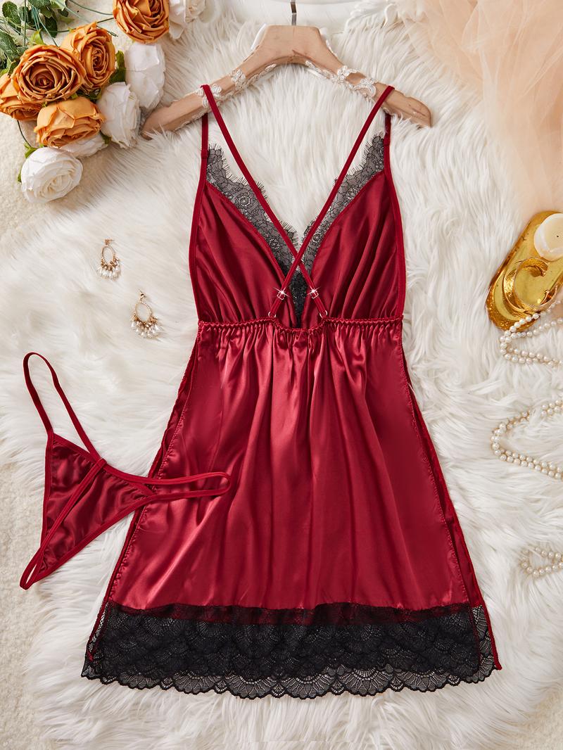 Women's Solid Color Lace Trim Split Hem V Neck Satin Nightdress & Thong Sexy Lingerie Set, Sexy Comfy Adjustable Spaghetti Strap Criss Cross Backless Nighty Dress & Panty Set, Ladies Sleepwear for All Seasons, Loungewear