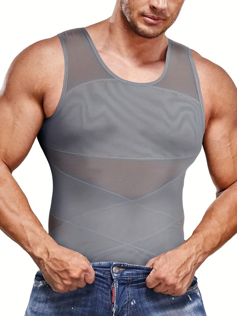 Men's Contrast Mesh Round Neck Shapewear Tank Top, Compression Shapewear Tops, Tummy Control Compression Shirt, Compression Vest for Men, Muscle Slimmer, Breathable Tank Top, Waist Trainer Vest