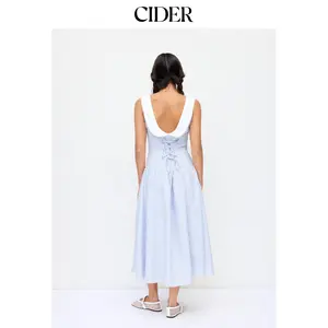 Cider Linen-Blend Sculptural Striped U-neckline Lace up Backless Maxi Dress Dealsforyou