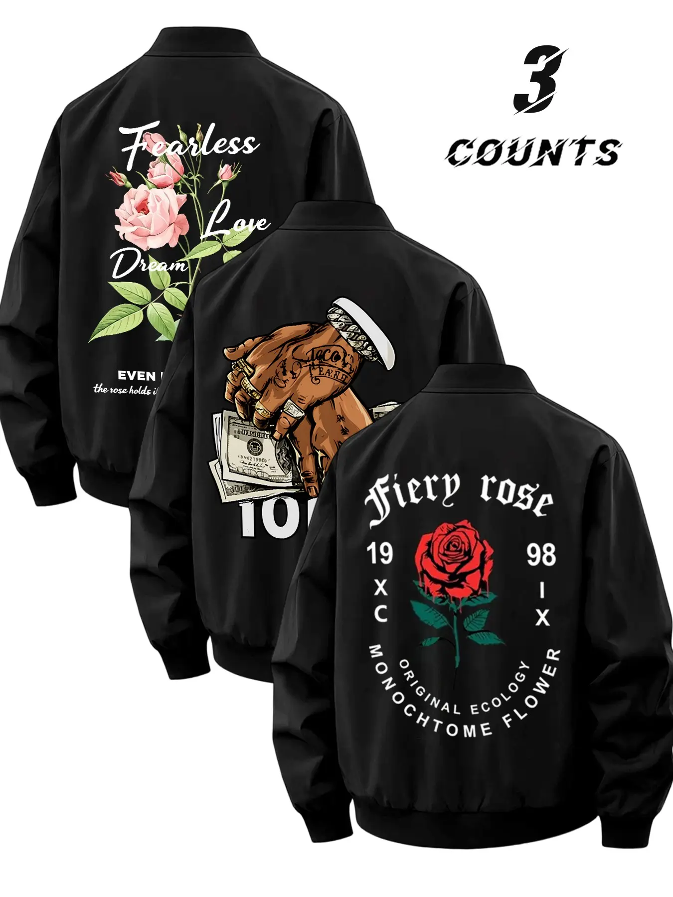 Three-Piece Rose Bill Tattoo Print Baseball Jacket, American Vintage Hip-Hop British Cleanfit Style, Smooth Waterproof Outerwear for Men