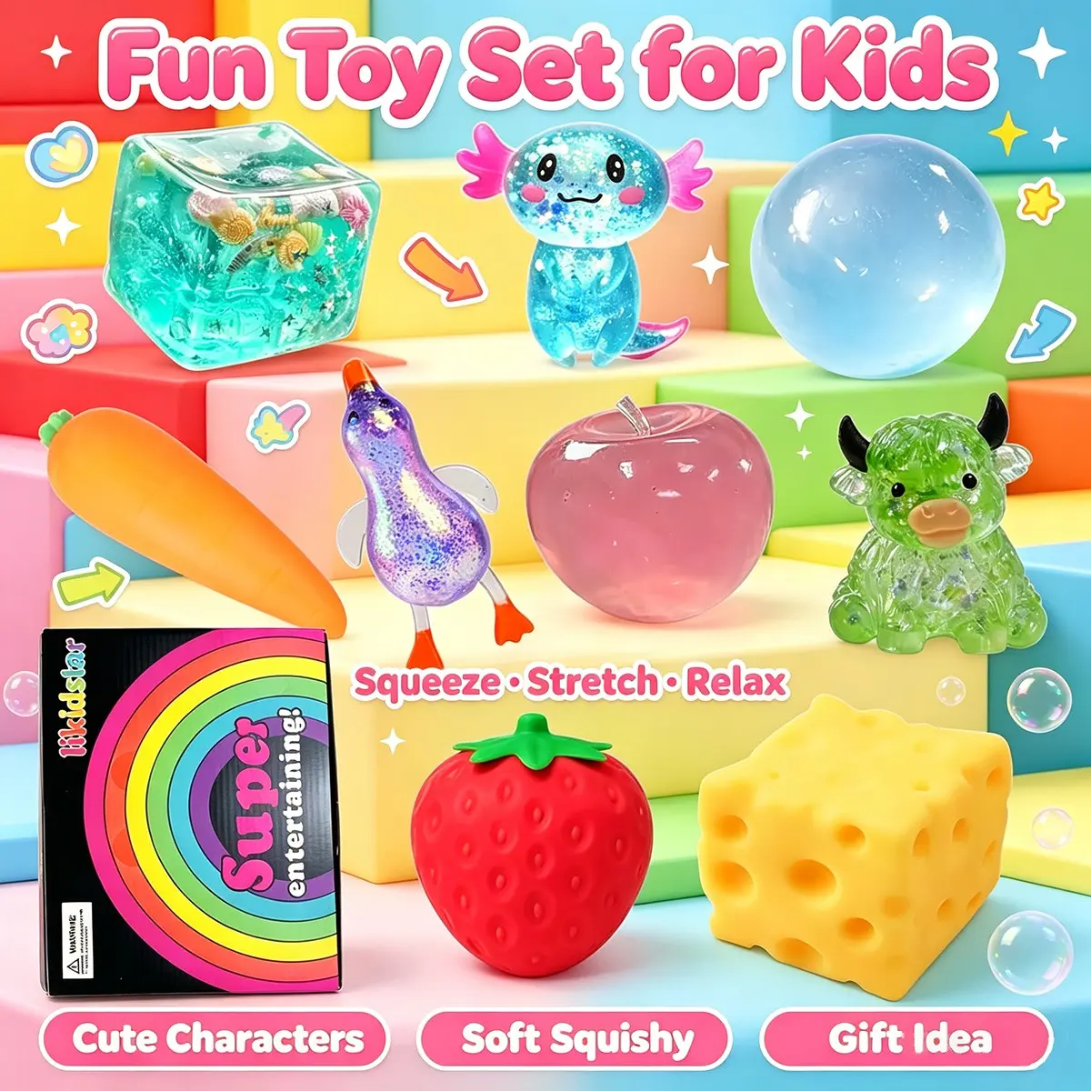Cute Variety Squish Fidget Collection,Cartoon Animals, Fruit & Cheese Shaped Stretchable Squeeze Fidgets, Portable Sensory Decompression Toy Pack, Novelty Anxiety Relief Gift Set for Boys Girls