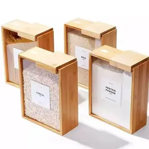 Retro wooden food dispenser, large-capacity dry food dispenser, transparent moisture-proof rice storage jar with lid, suitable for storage of cereals, snacks, oatmeal, nuts, coffee beans, snacks, and candies