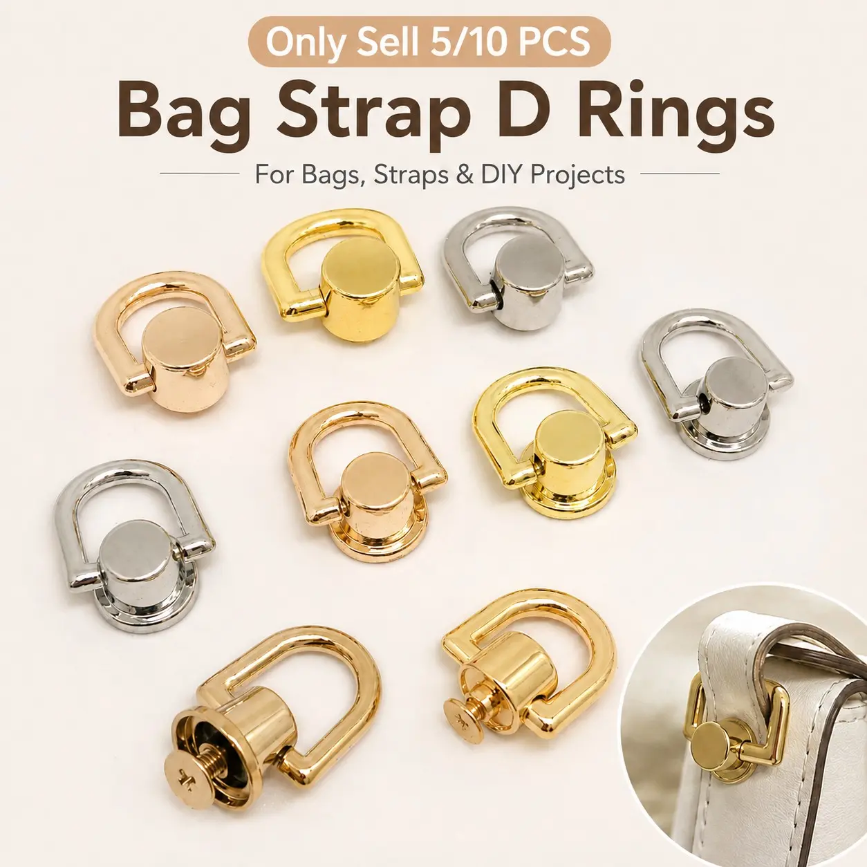 10PCS D Rings for Purse, Bag Strap Connector, Metal Keychain, Bag Pull Ring, 360° Rotatable Screw-On Bag Hardware for DIY Leathercraft, Handbags, Crossbody Bags, Phone Cases and Bag Strap Replacement