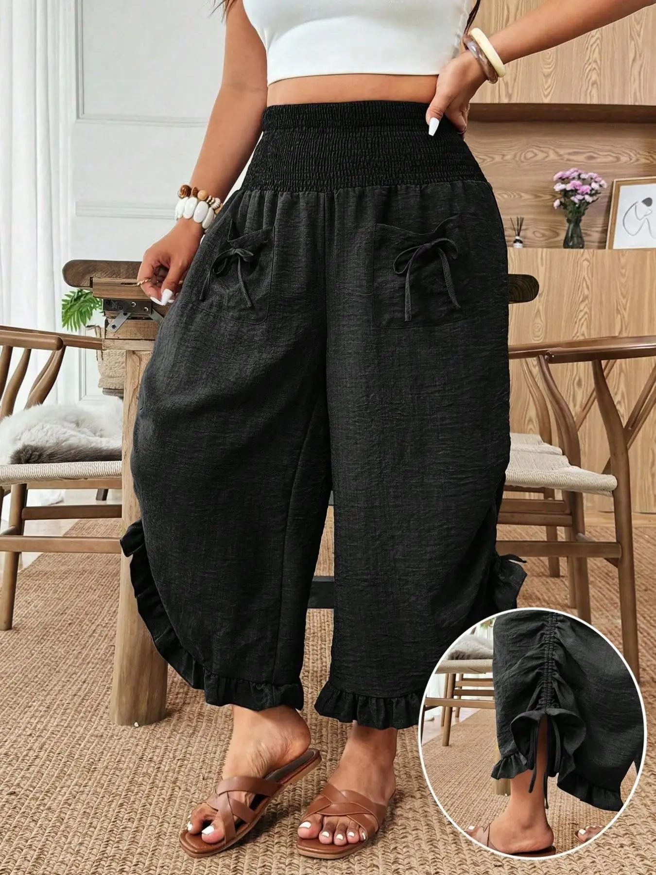 Plus Size Women's Wide Leg Pants, Casual Bohemian High Waist Design, Butterfly Knot Pockets, Ruffled Hem, Loose Fit, Summer Daily Wear