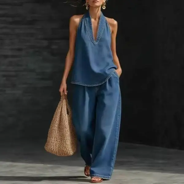 Women's 2-Piece Vintage Denim Set, Casual Collared Long Sleeve Shirt and Elegant Wide-Leg Jeans Outfit, Women's Clothes, Collared Neck, Blouse/Shirt, All Seasons, Plus Size, Normal Type, 3Xl, Pants, Light Denim