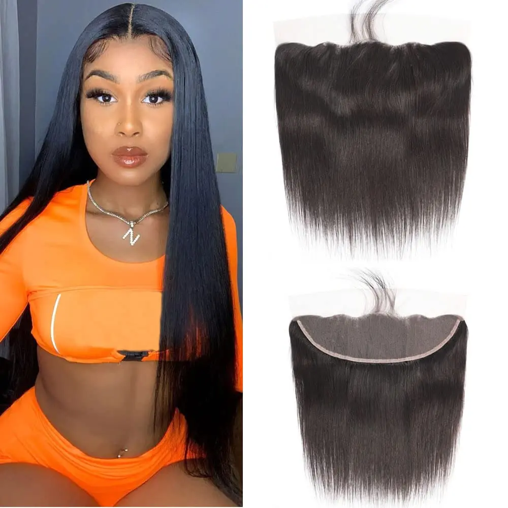 13x4  Lace Frontal 14 Inch Brazilian Straight Ear to Ear Human Hair Frontal  Lace Virgin Human Hair Frontals Pre Plucked with  Hair 150% Density  Black