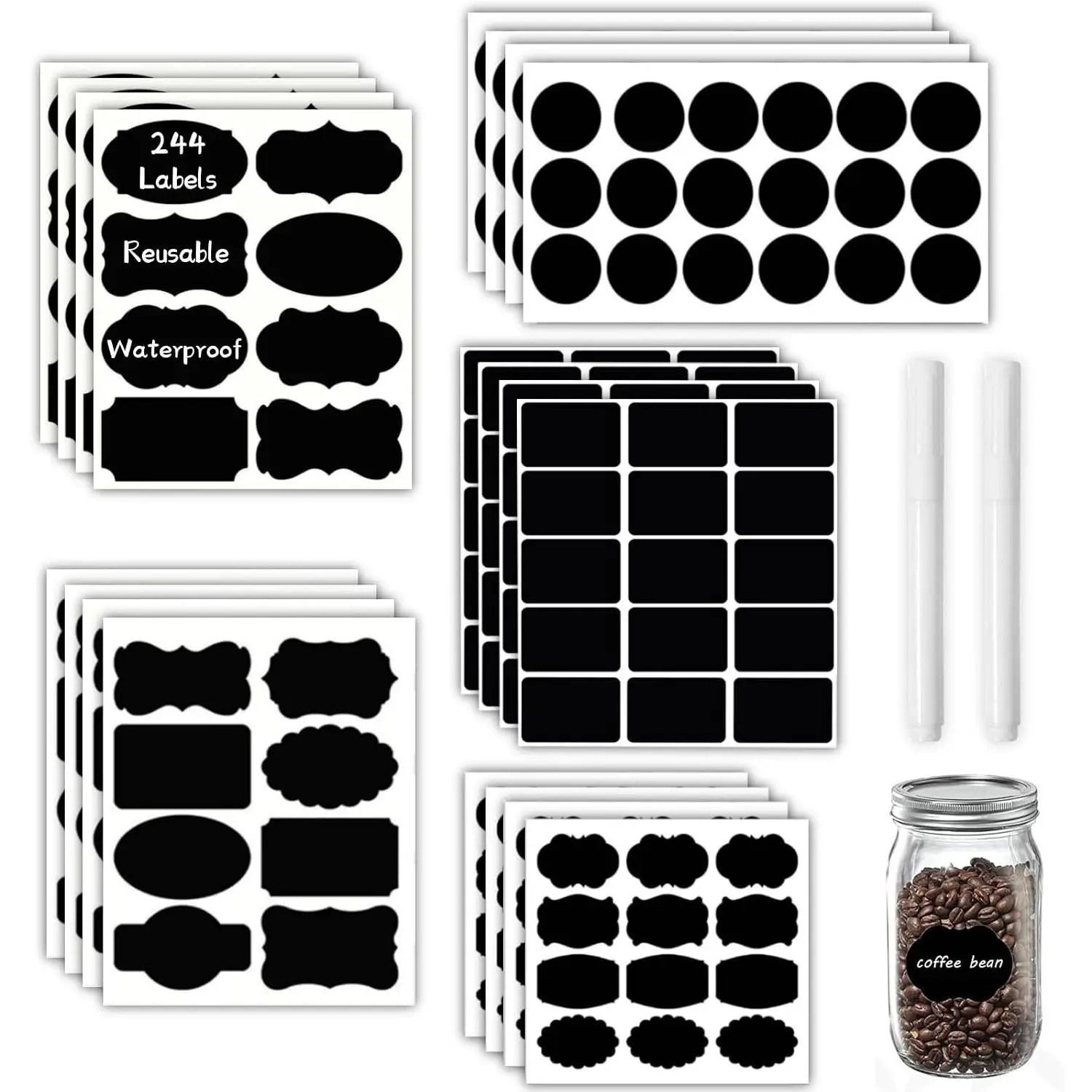Chalkboard Labels 244 count,   Blackboard Stickers with 2 Chalk Marker, Erasable Handwritten Stickers or  Containers, Mason Jars, Pantry, Bottles Storage Bins