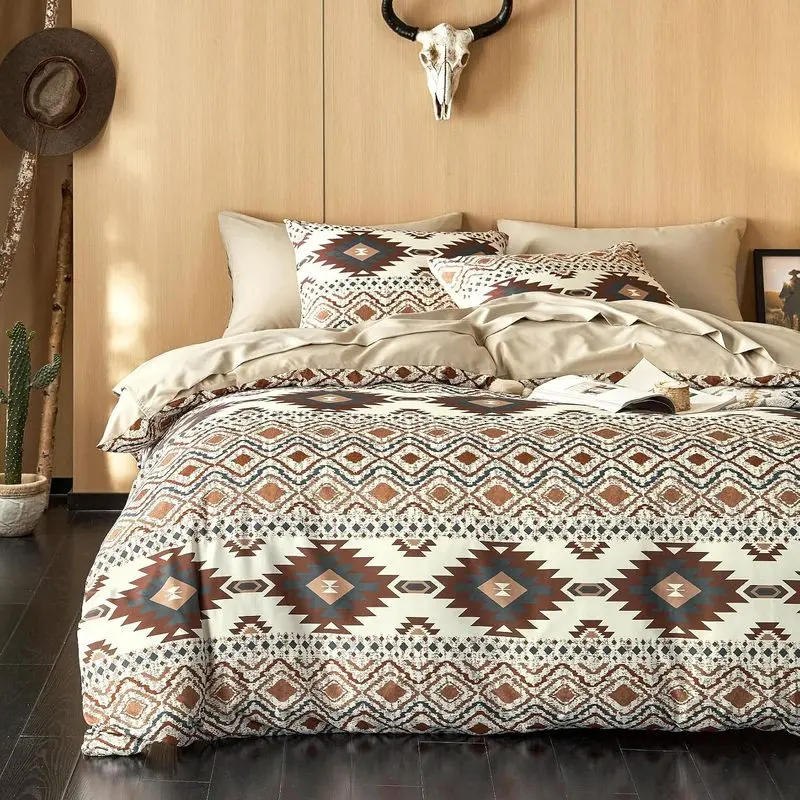 Beige Brown Western Comforter Set Queen Size, 3-Piece Southwestern Aztec Bedding Set, Rustic Ranch Geometric Comforter, Soft Lightweight Boho Farmhouse All Season Bedding