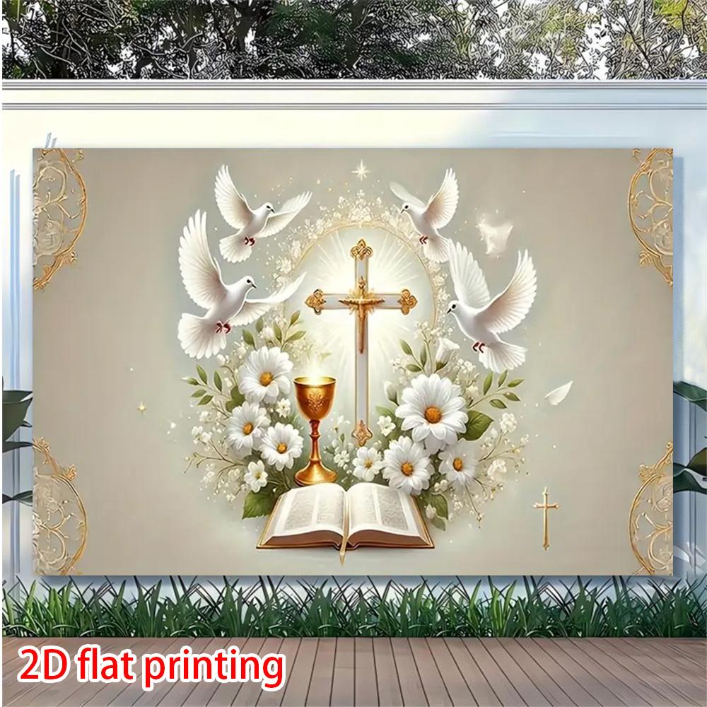 2D Flat, 2D Flat, 2D Flat Banner, One Baptism Party Background Banner, Dove Pattern, Floral Design, Cross Pattern, Suitable for Church, Birthday, Baptism, Shower, Wedding, Party, First Communion, Garden, Ro