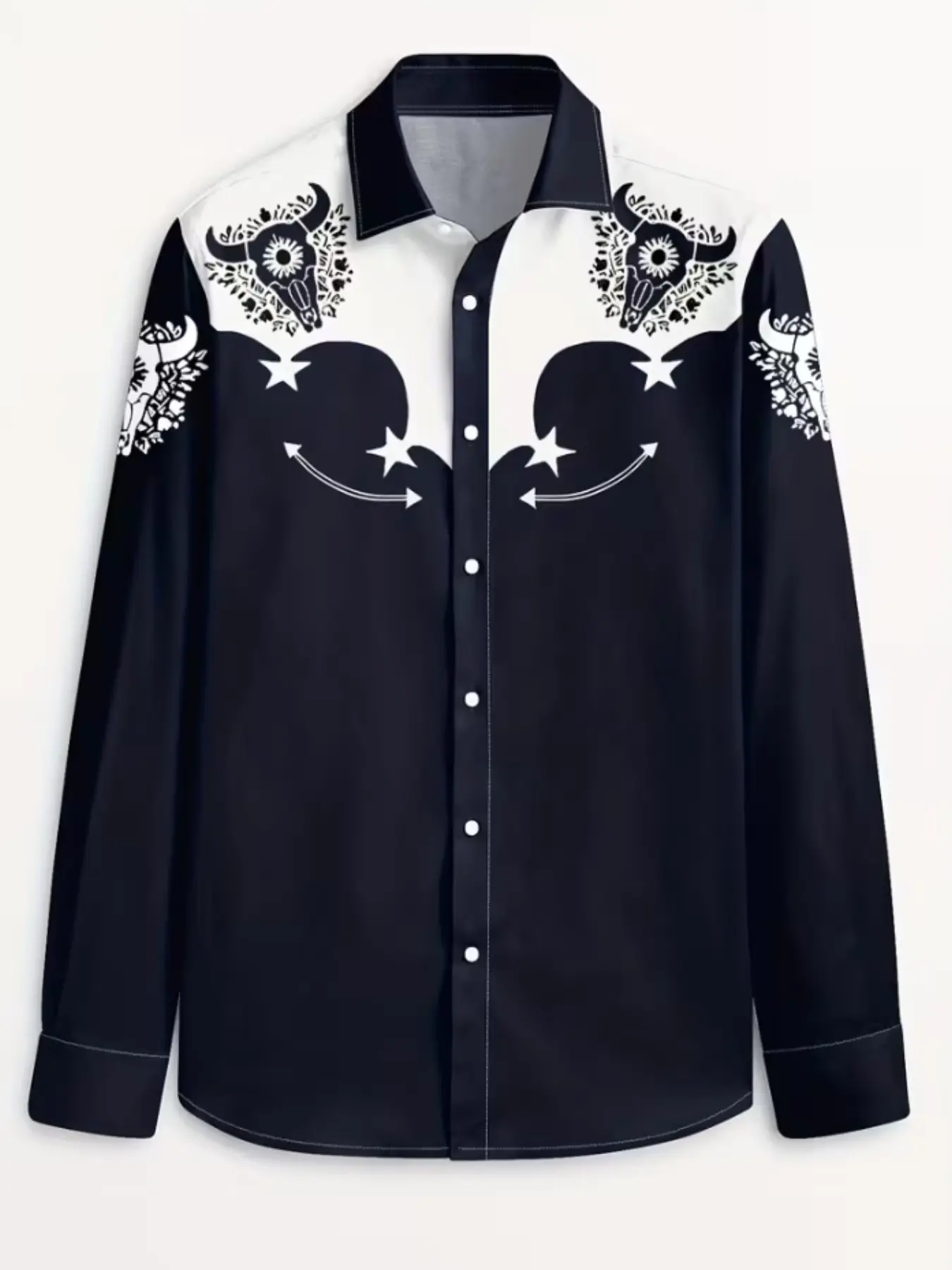 American Western Ethnic Style Bull Print Men's Long Sleeve Shirt, Cowboy Print Shirt, Casual Collared Slim-Fitting Top, All Seasons Fashion Apparel