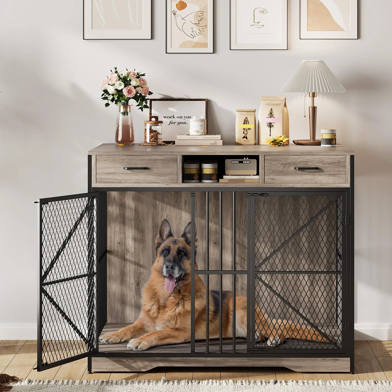 44-Inch Heavy-Duty Carbon Steel & Wood Kennel Crate Furniture, Multi-Use Dog House with 2 Drawers, Open Shelf Storage Space, Diamond Door & Indoor End Table