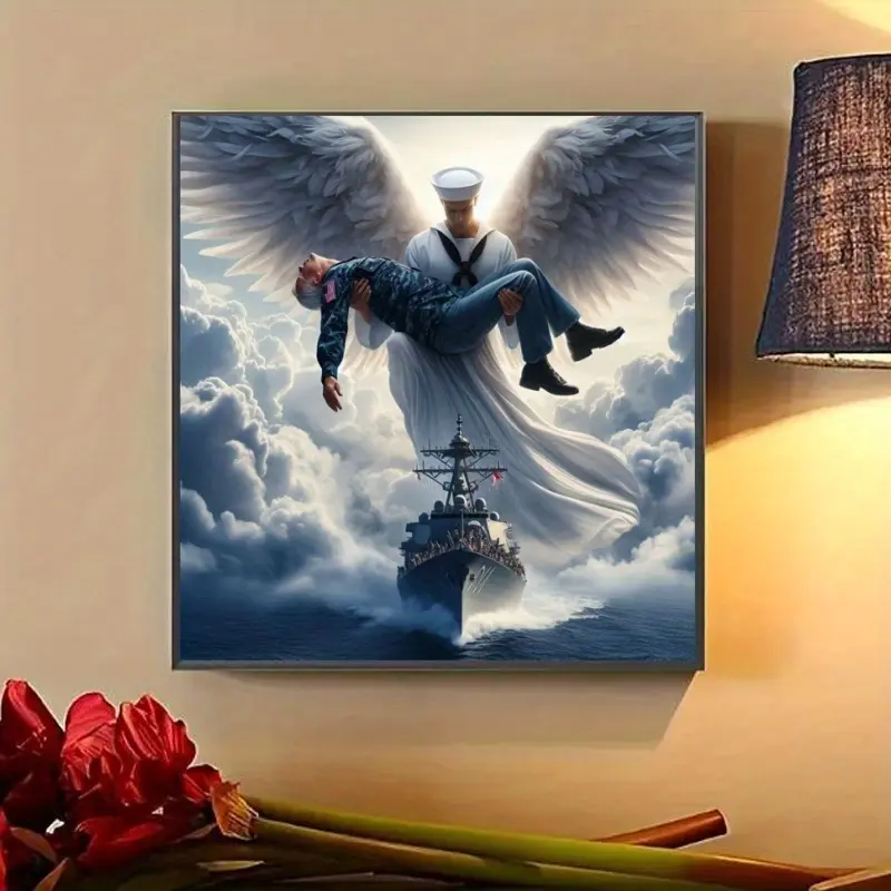 DIY Handicraft Kit 5D Diamond Painting Kit Angel Save Soldiers and Warships Pattern Round Full Diamond Canvas Art, Suitable for Home, Office or Party Decoration Halloween, Christmas, and Birthdays Perfect Gifts, Serene Wall Decoration Frameless