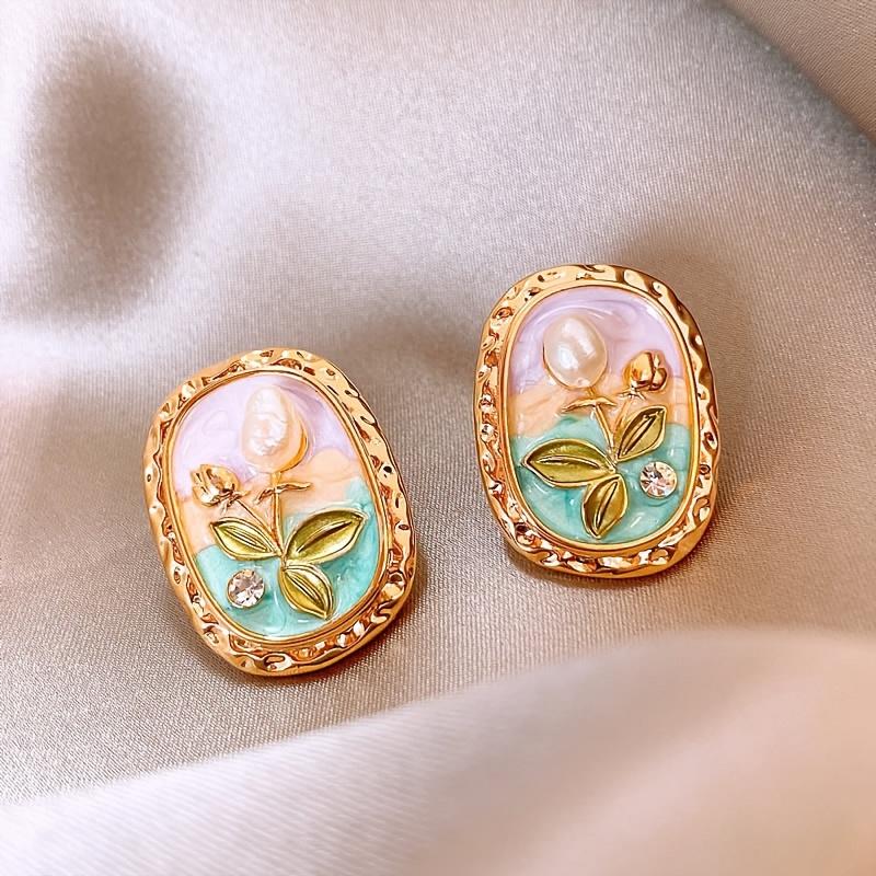 1 Pair Monet Garden Baroque Pearl Earrings - Vintage-Inspired 925 Silver Needle, Retro Oil Painting Design with Golden-Tone Frame & Colorful Enamel Accents, Perfect for Daily Wear or Parties, Women's, New Earrings