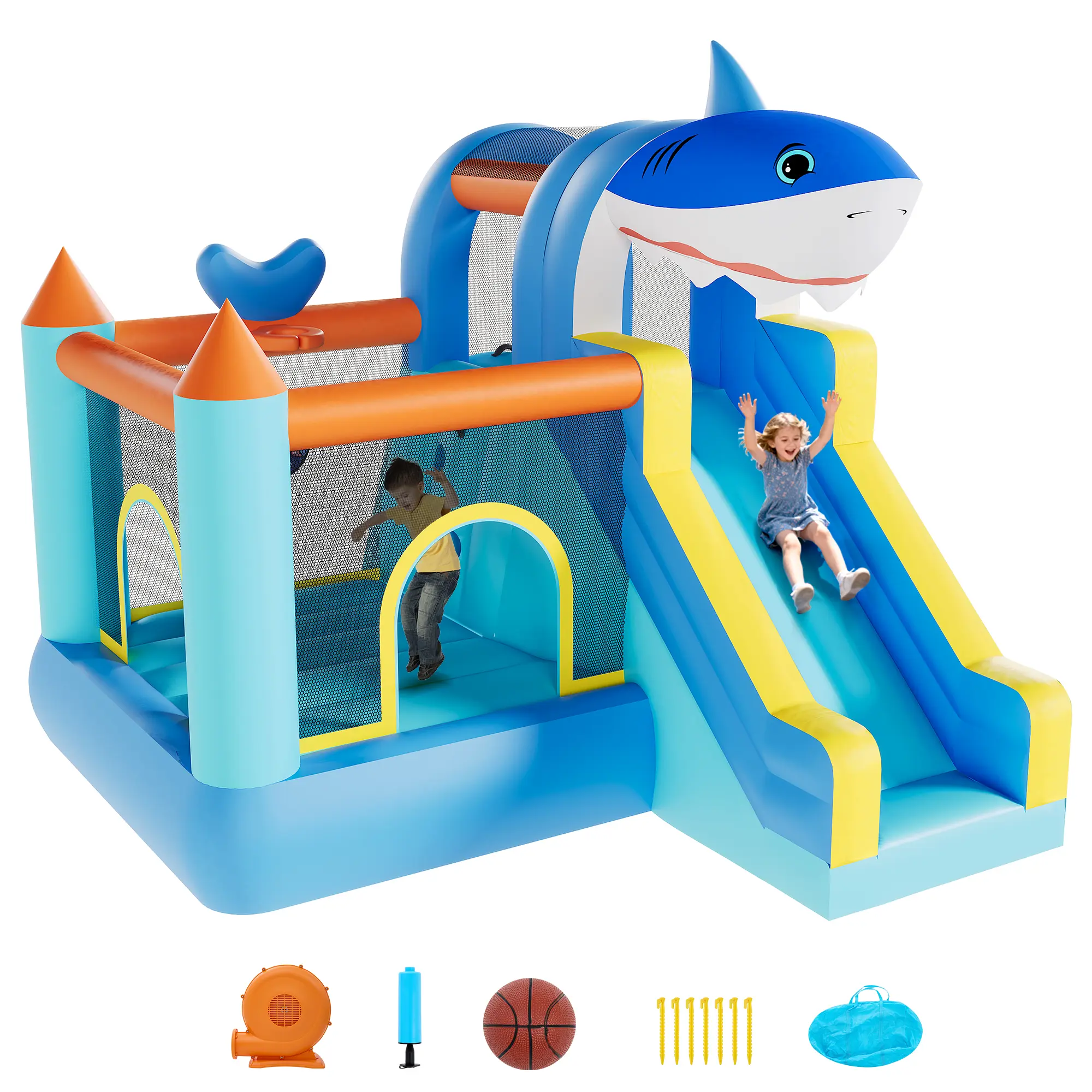 Durable Inflatable Kids Bounce House with Slide, Climbing Wall & Basketball Hoop - Safe Enclosed Outdoor Indoor Bouncy Castle Play Center with Blower for Ages 3-12