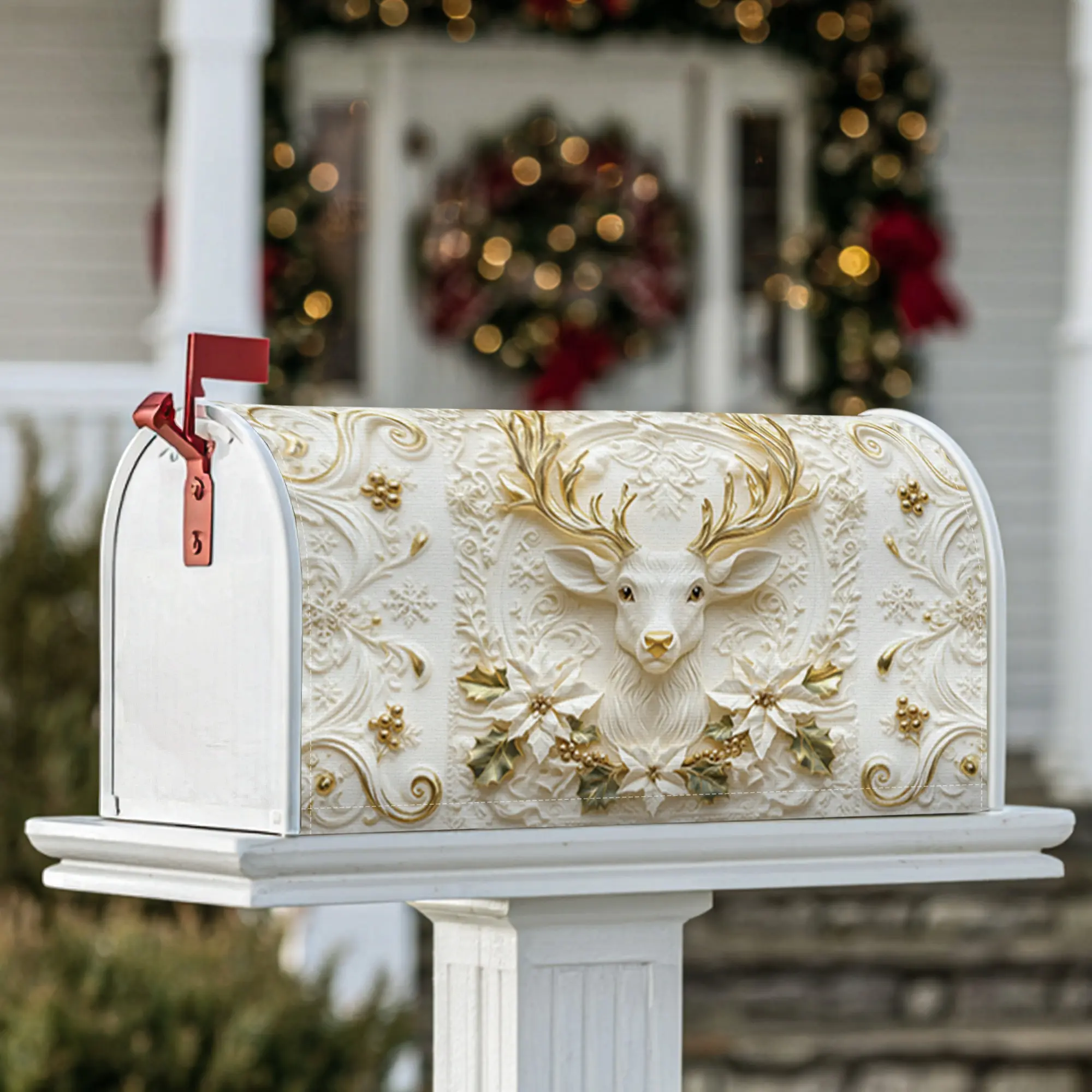 deer Magnetic Mailbox Covers, Christmas rustic poinsettia swirls Christmas white Seasonal Mailbox Cover for Front Yard Decor