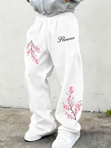 Women's Watercolor Cherry Blossom Floral Print Wide Leg Sweatpants Japanese Sakura Flower Graphic Drawstring Adjustable High Waist Loose Joggers For Casual Street Daily Outfits