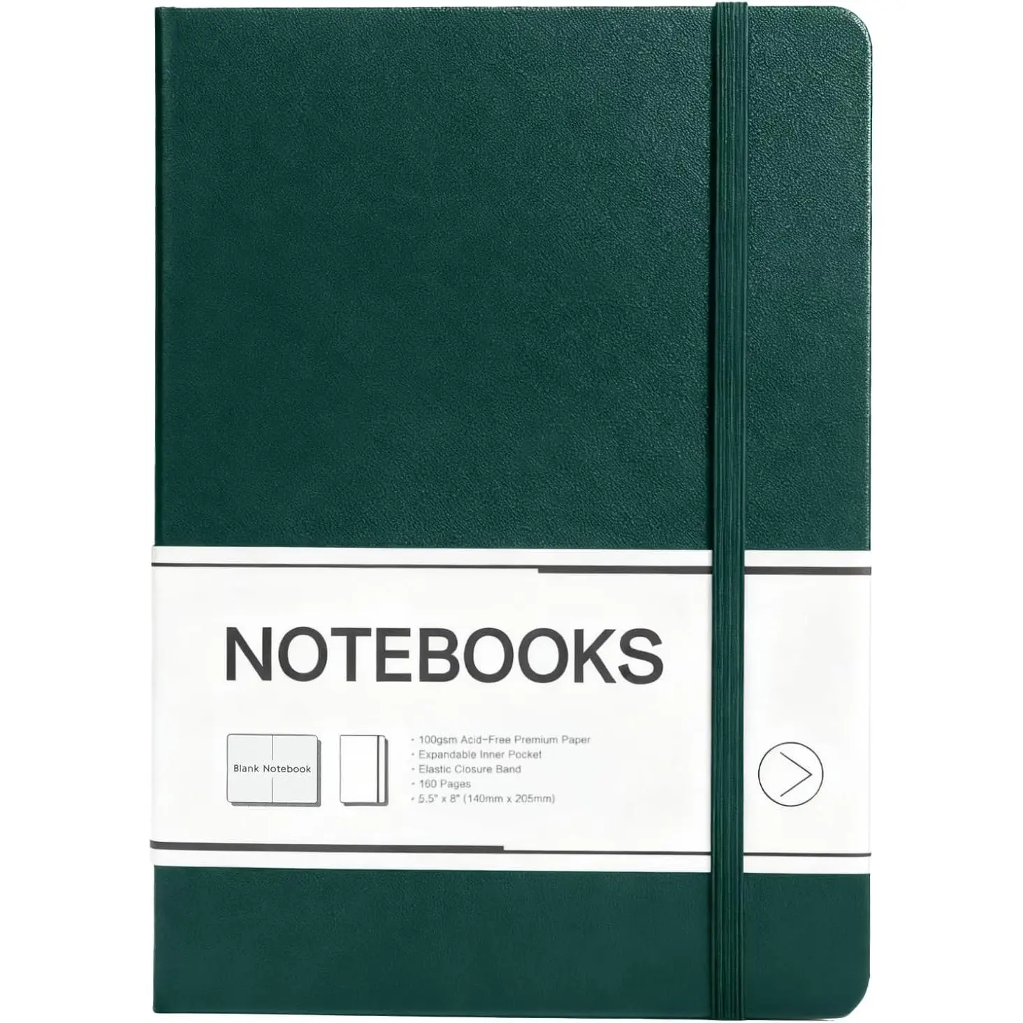 Blank Journal Notebook, 160 Pages, A5 Medium Size 5.6" x 8" for Men Women, 100GSM Thick College Ruled Paper for Journaling, Writing, Sketching, Leather Hardcover, Green