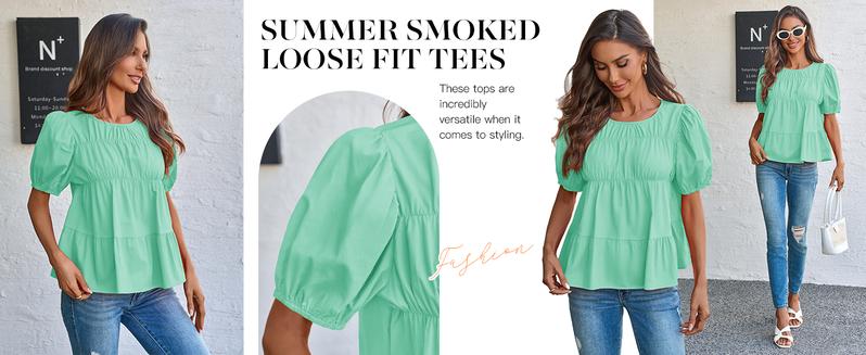 Imily Bela Womens Puff Sleeve Peplum Babydoll Tops Summer Smoked Pleated Cotton T-Shirts Casual Loose Fit Flowy Blouse