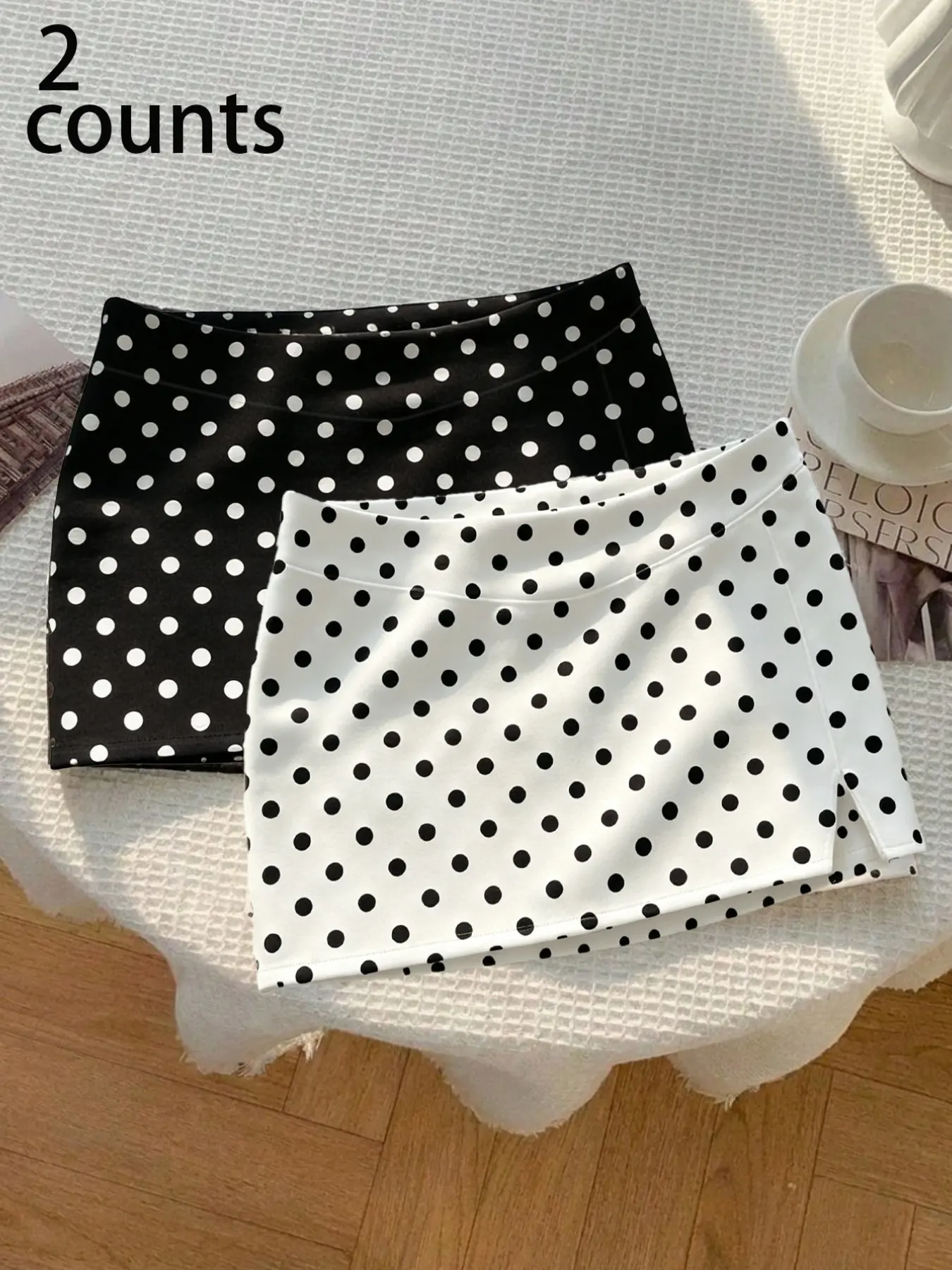 2Pcs Women Y2K Polka Dot Mini Skirt Set, High‑Rise Side Split Bodycon Short Skirts, For Going‑Out Beach Casual Summer Wear