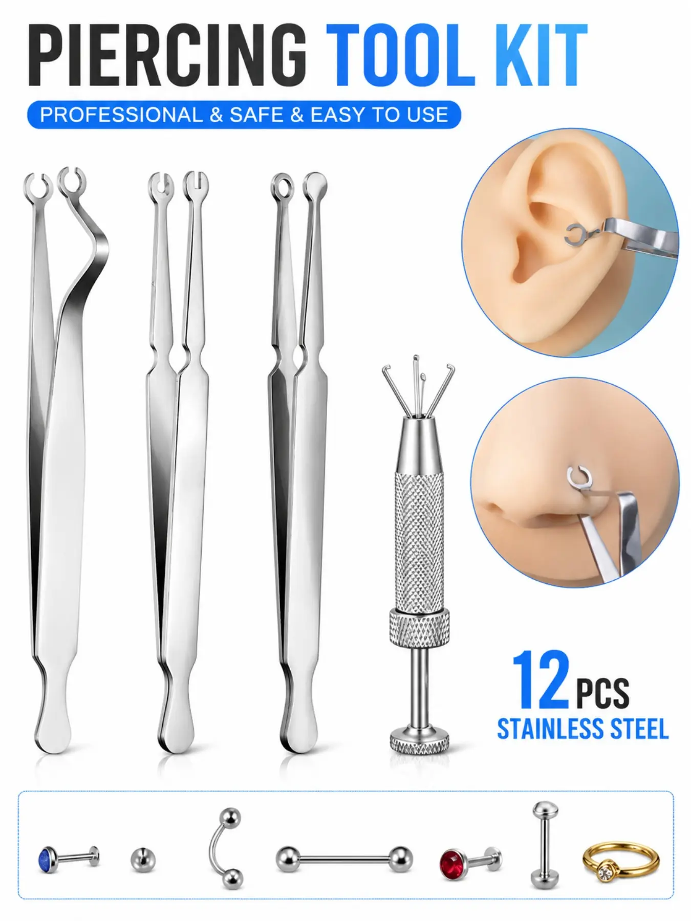 Stainless Steel Piercing Jewelry Tool Kit – Bead & Ball Grabber, Ring Opening Pliers and Precision Tweezers for Nose Rings, Earrings, Lip & Body Jewelry Repair and Changing