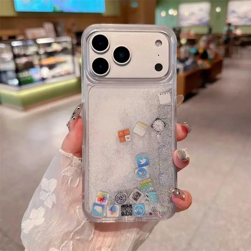 App Icon Liquid Glitter Quicksand Phone Case for IPhone Air 17 16 15 14 13 11 Pro Max Plus 12 Mini 17Pro Soft Bumper Hard Cover