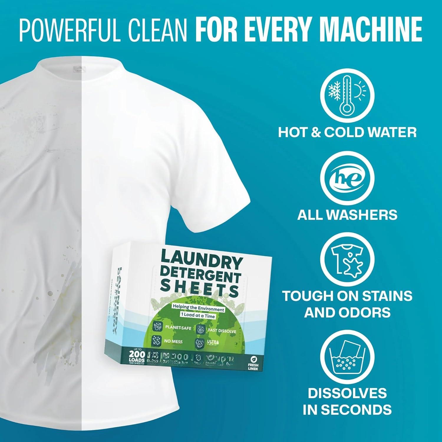 Laundry Detergent Sheets (200 Loads) - , Zero , Plastic-Free Laundry Washing Machines Soap Sheets; Dissolvable, Space-Saving Strips for Travel (Fresh Linen)