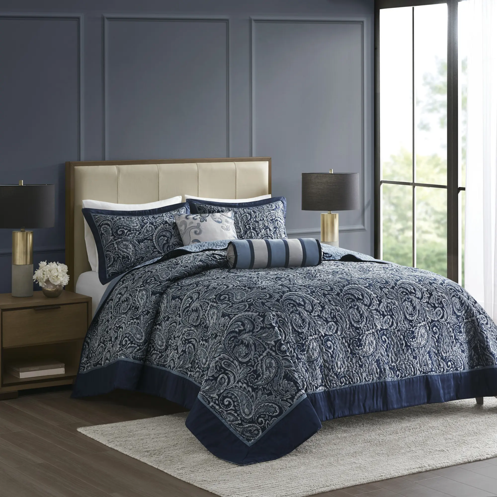 Nokaa 5 Piece Jacquard Bedspread Set with Throw Pillows – Queen Size Lightweight Quilted Coverlet for Bedroom, Navy Cotton Bedding Ensemble