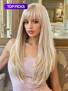 22 inch long straight wigs for women, gorgeous fluffy wigs with bangs, synthetic full machine wigs for party, daily use