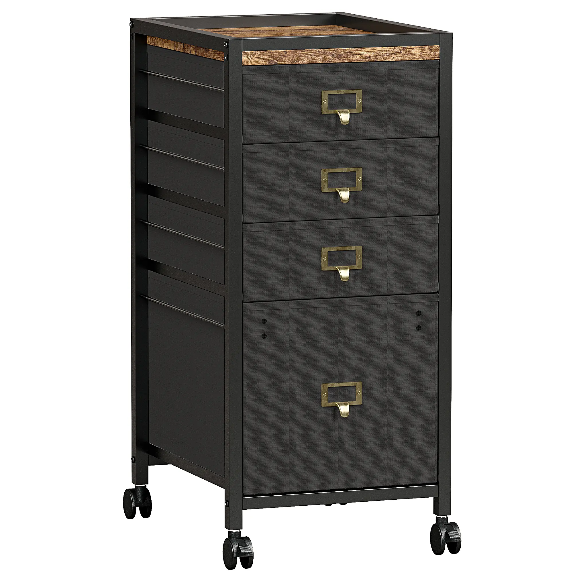 Mobile File Cabinet with 2/3/4 Fabric Drawers, Rolling Under Desk Office Organizer with Lockable Wheels, Letter/A4 Hanging File Drawer, Rustic Wood Top, Steel Frame, Compact Black Filing Cabinet for Home Office, Study, Bedroom, Printer Stand Cart