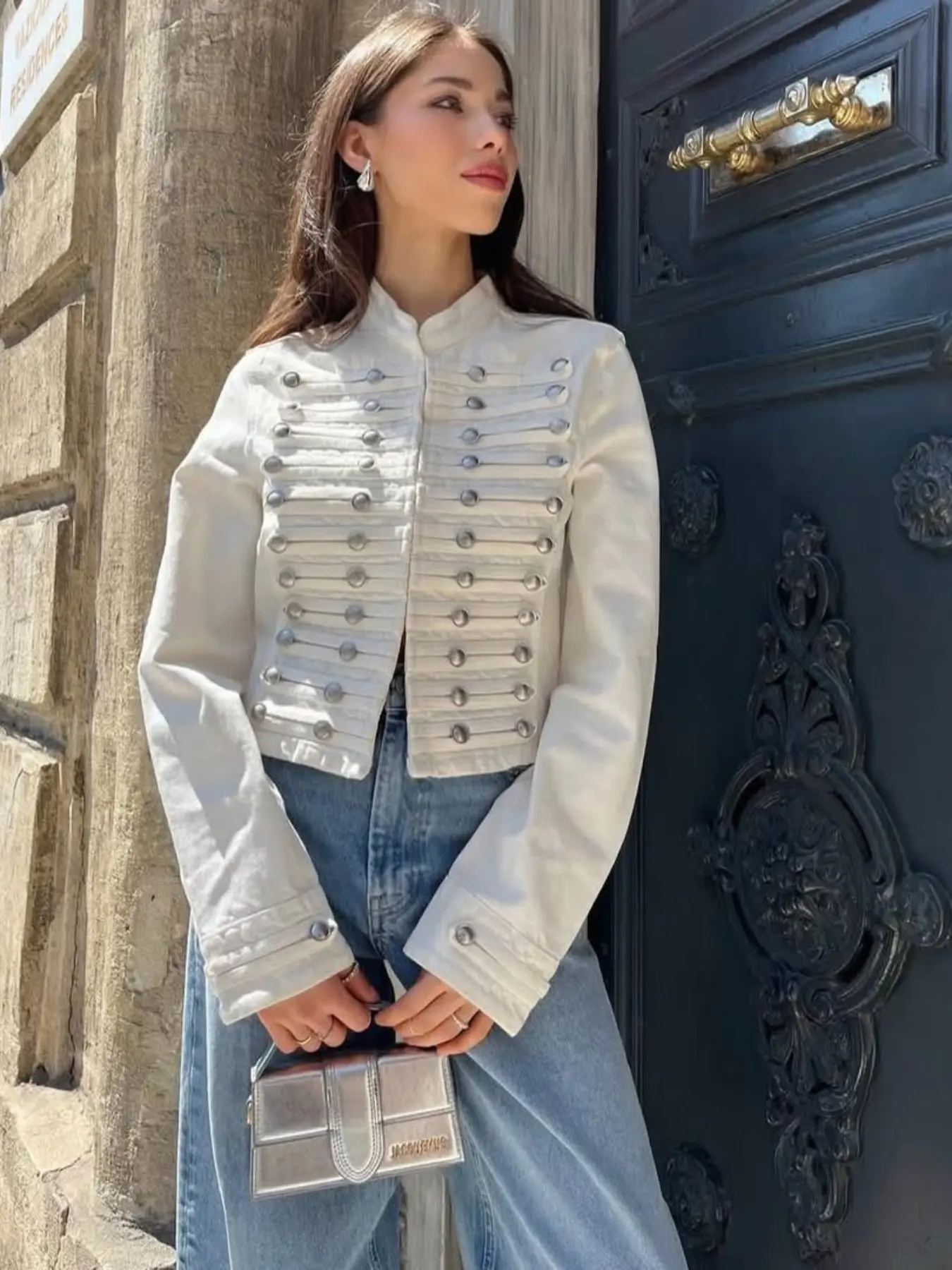 Women's Denim Jacket Wash Denim Jacket Summer Spring Bomber Jacket Mandarin Collar Silver Double-Breasted Buttons Short coat Cropped Length Long Sleeves Chic Faded Gradient Wash Street Style Casual Outings Outerwear