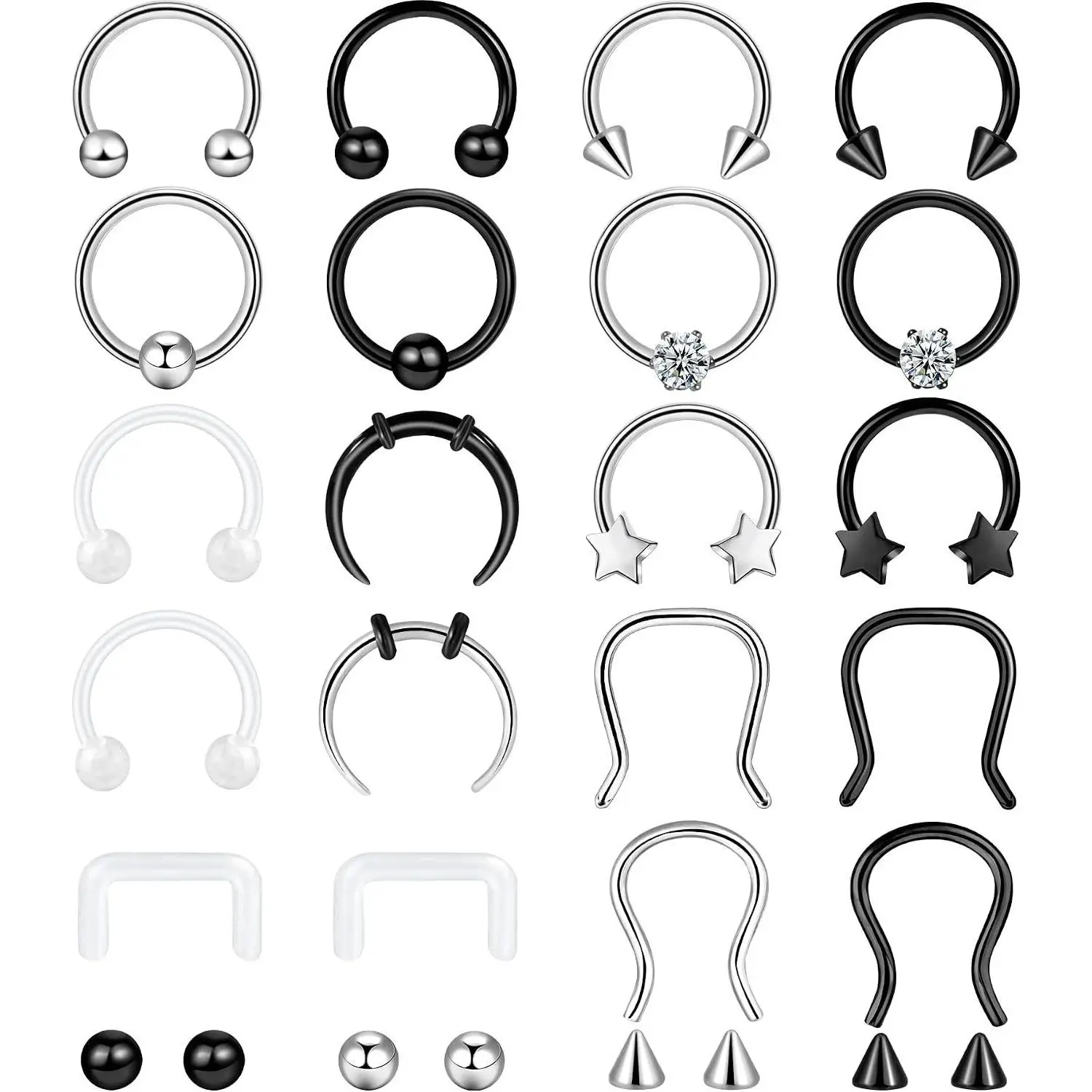 20-30 Pcs 16G Surgical Steel Septum Rings - Horseshoe Helix Daith Smiley Tragus Lip Rings Nose Hoop Hinged Seamless Piercing Jewelry for Women MenGift