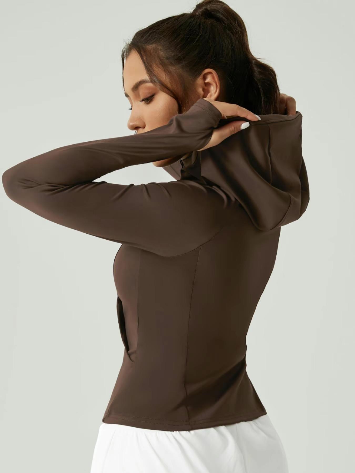 Women's Solid Color Thumb Hole Design Long Sleeve Zip Up Hooded Sports Jacket, High Stretch Sporty Comfortable Breathable Raglan Sleeve Pocket Hooded Jacket for Women, Ladies Sportswear for Indoor Outdoor Wear, Sporty Breathable Outerwear