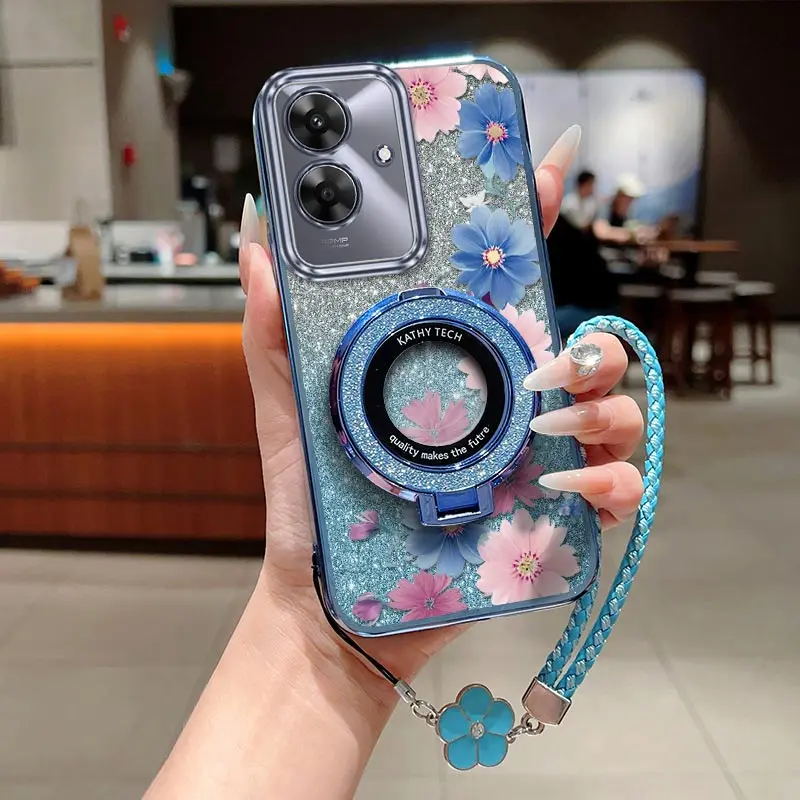 3pcs( Blue flowers phone Case+Lanyard+Stand) For RealMe Note 60/NOTE 50/Narzo N63/P1 Pro/Narzo N53/Narzo N55 For Realme 14 pro/14proplus/14x/15X/15/14/12 Pro/12ProPlus/13Pro/13Pro+ For Realme C85 5G/C75/C55/C51/C53/C61/C63/C65 4G/C67 4G/C71 Phone Case