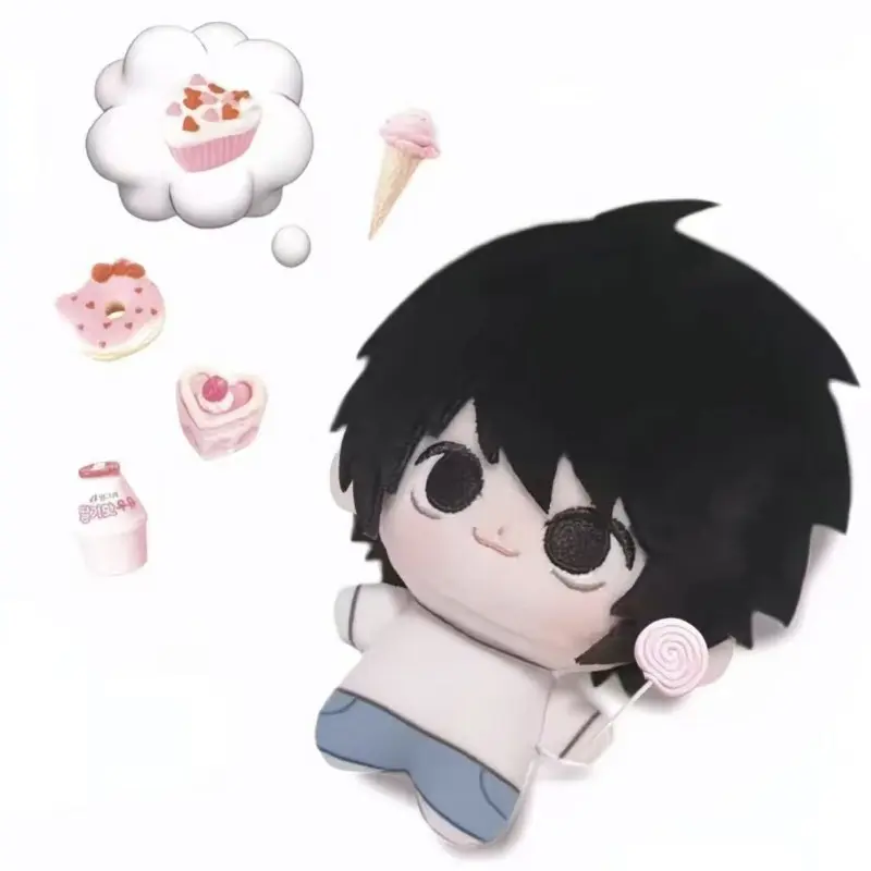 Q Version Black Spiky Hair Boy Plush Doll Pink Spiral Lollipop Ornament Big Round Black Anime Eyes Loose White Casual Tee Light Blue Denim Shorts Soft Short Plush Humanoid Stuffed Pendant Decor Gift For Teens Indie Game Male Character Themed Birthday Chri