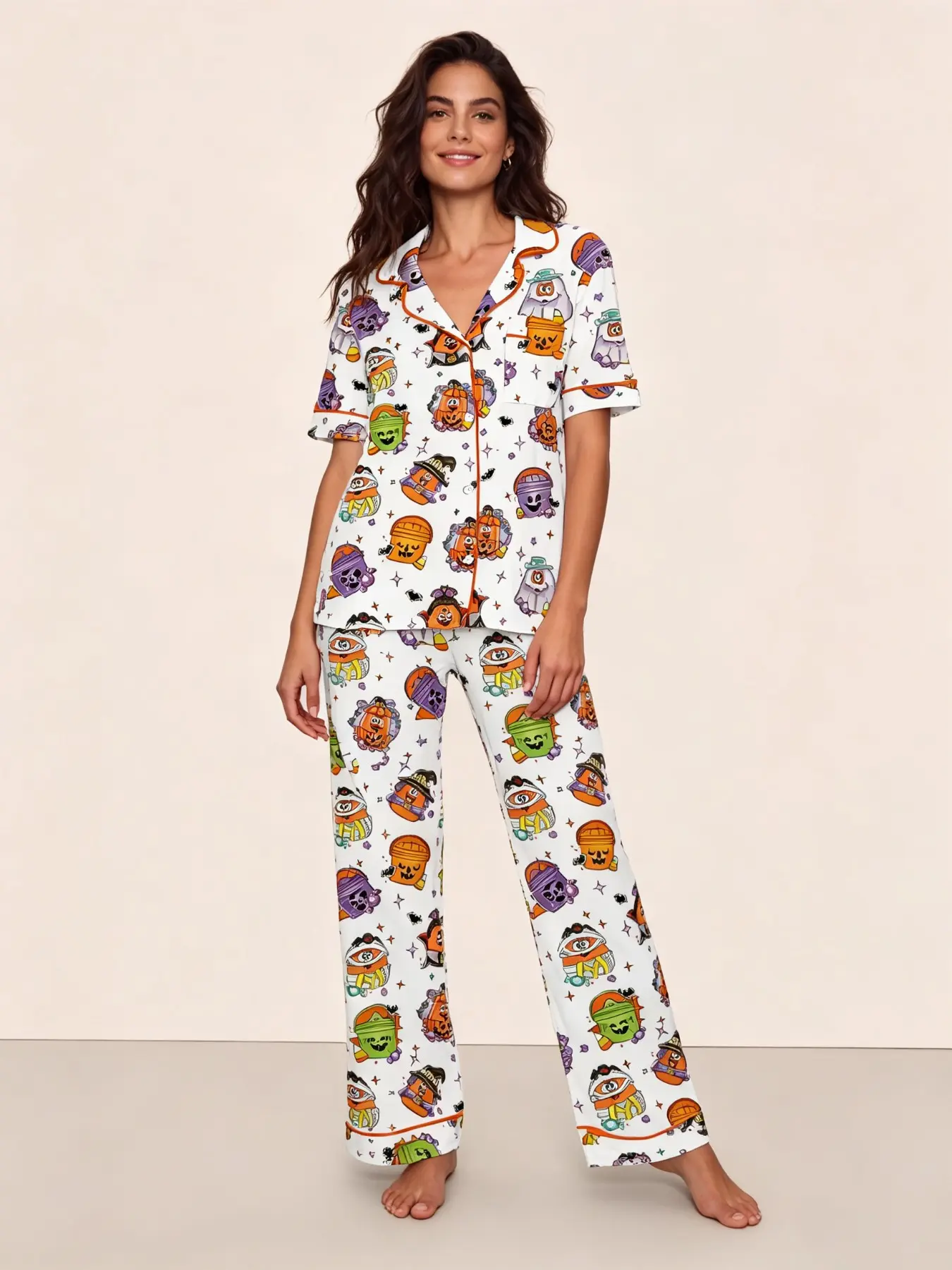 Women's Halloween Pajama Set, Cute Cartoon Print, Short Sleeve Open Front Top, Long Pants, Trim, Casual Home Wear, Loungewear, Festive
