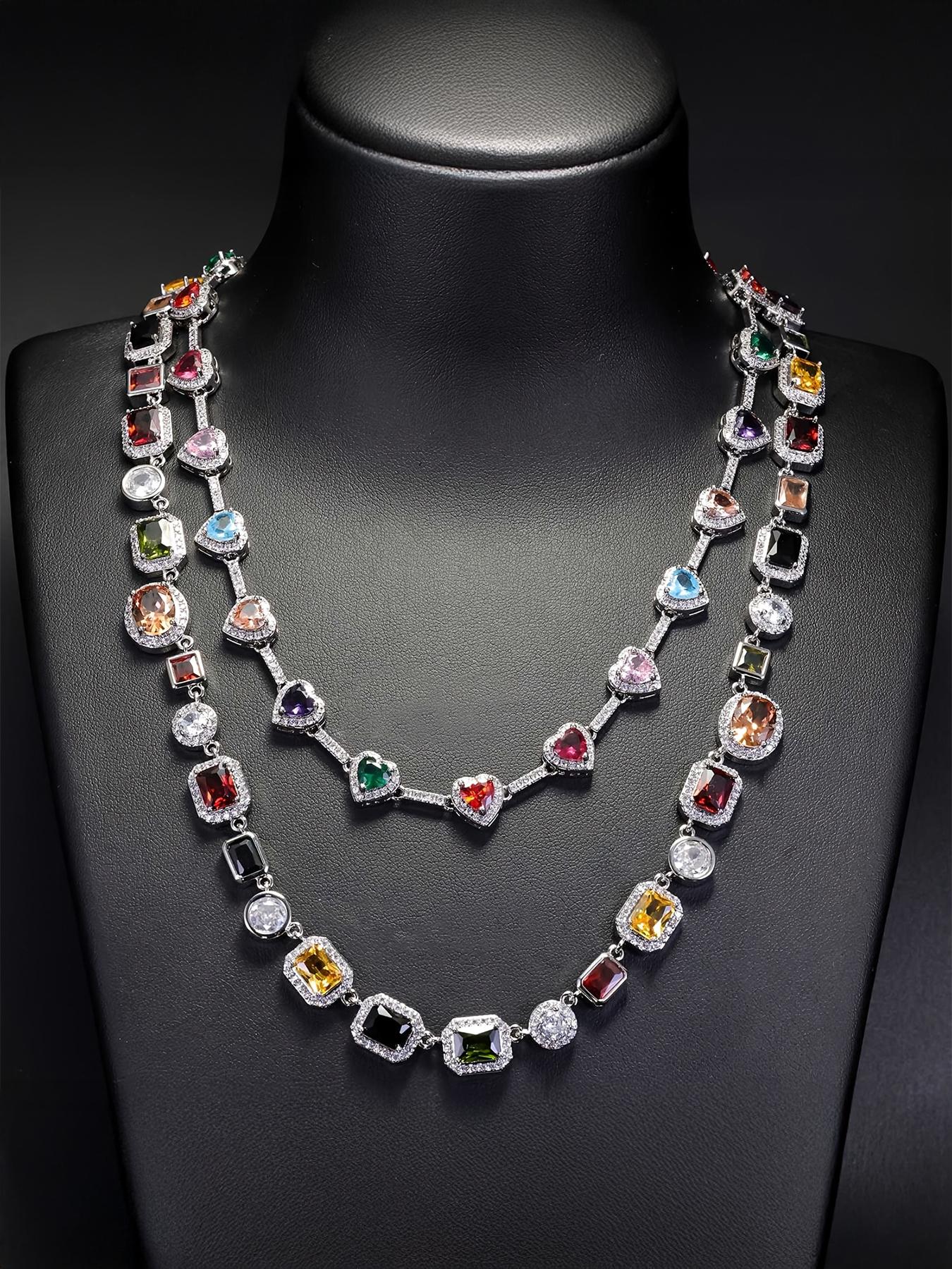 2PCS ICED CHICS Colorful Heart Necklace + Square necklace set, Iced Out Jewelry, hip-hop style, fashionable and avant-garde, set outfit, versatile style, shining multicolor synthetic zircon, the best choice as a gift