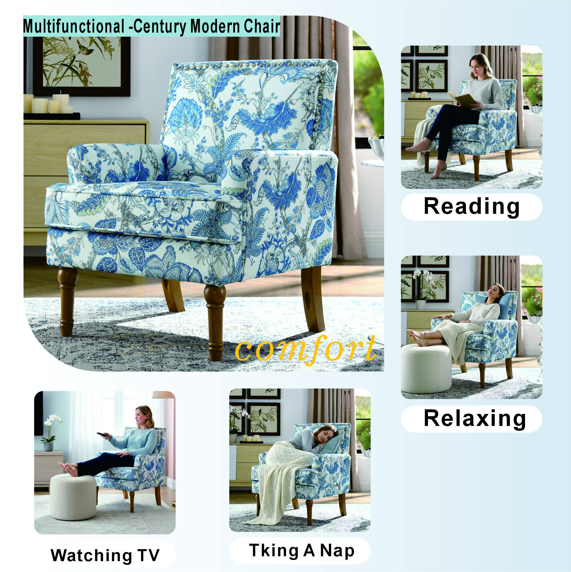 Accent Chair, Floral Upholstery, Nailhead Trim, Solid Wood Legs, Farmhouse Style, Armchair, Blue And White, Living Room Seating, Traditional Furniture, French Country,Blue/Earthy Yellow/Red