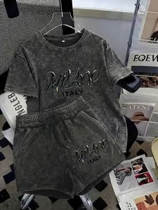 2-Piece Matching Set: Distressed Washed Finish with "Milan Art" Script Graphic. 90s American Streetwear Style. Heavyweight All-Cotton Fabric. Matching Prints on Top and Bottom. Suitable for Lounging or Casual Outings. Vintage