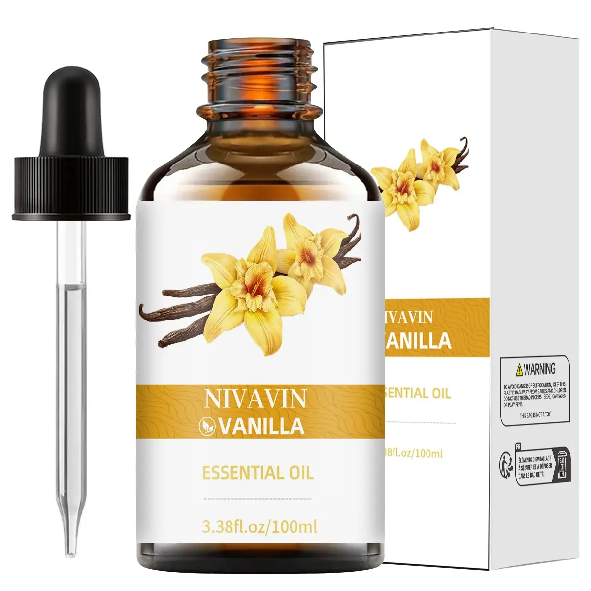 NIVAVIN Vanilla Essential Oil 100ml, Aromatherapy, Scented Oil, Aromatherapy Diffuser Oil, is made from 100% pure natural plant extracts, has a sweet, warm, and non-greasy scent with long-lasting fragrance, suitable for various settings