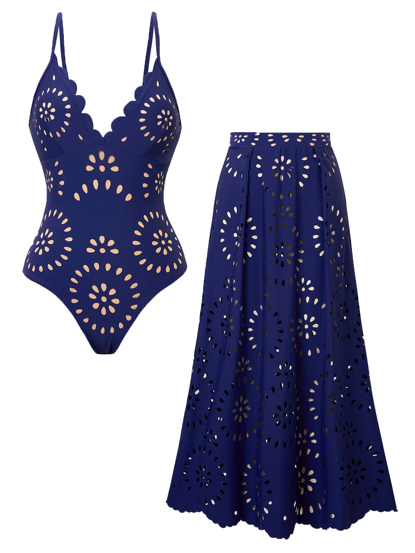 Women's Sexy Laser Cut Hollow Lace One-Piece Swimsuit Set, Slimming Beach Vacation Two-Piece Swimwear with Skirt, Casual Fitted Design