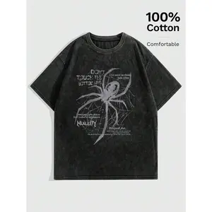 ROMWE Grunge Punk Vintage & Distressed Spider Slogan Print Snow Washed Short Sleeve T-Shirt For Women, Suitable For Hip Hop Street Style And Music Festivals DON'T TOUCH THE BOTTOM LINE, School, Unisex