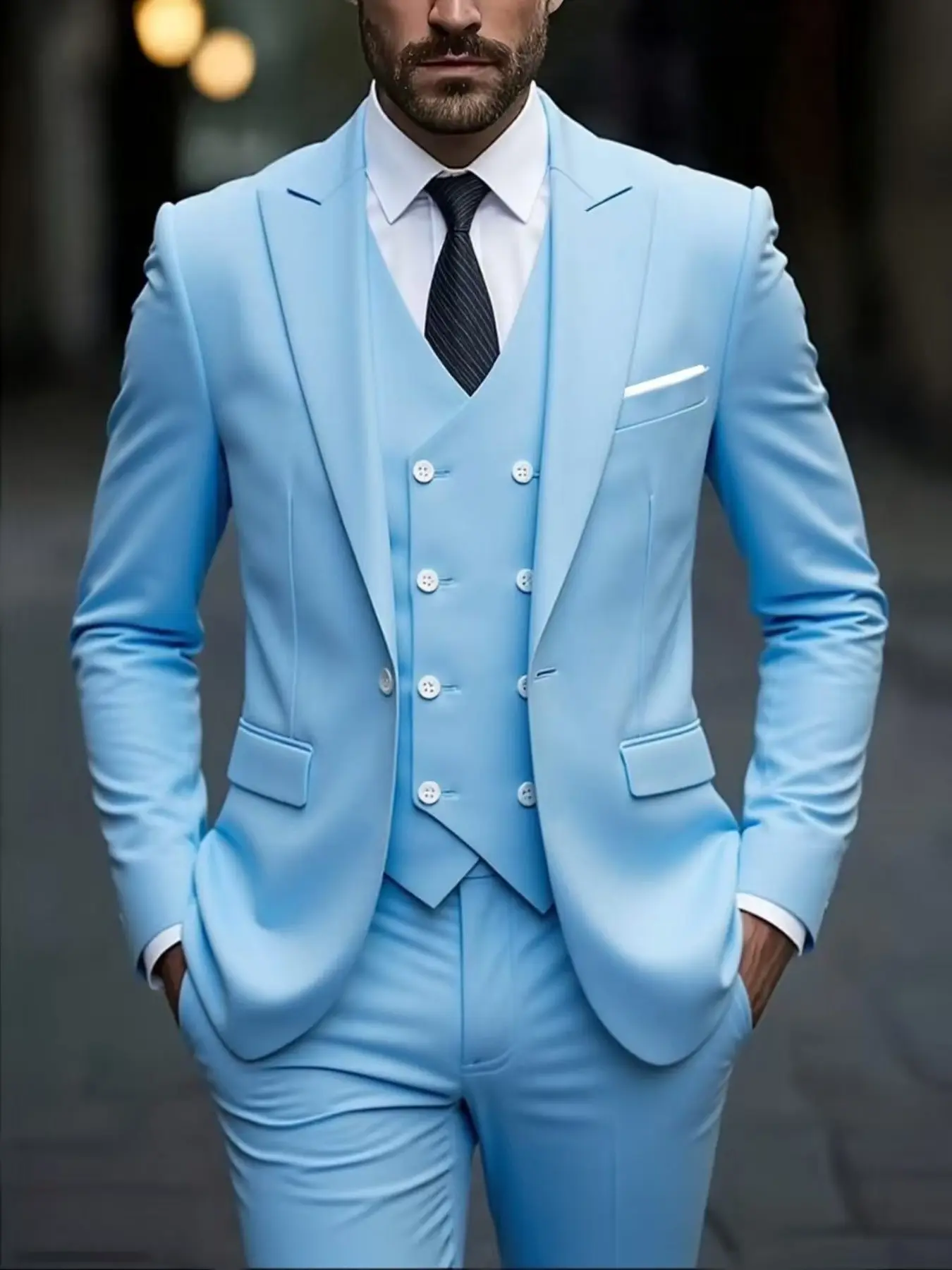 Fashion business men's three-piece suit, suitable for working and professional wear, high-end wedding party suit, groom/groomsmen wedding dress, solid color fitted suit jacket+trousers+Vest