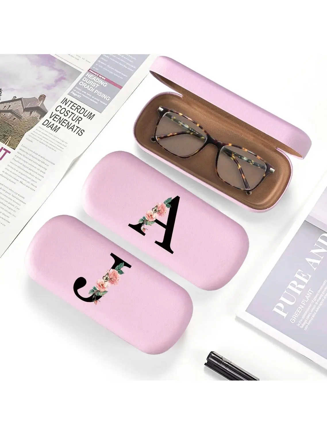 Glasses Case Hard Shell - PU Leather A-Z Letter Eyeglass Case ID Alphabet Charm Eyeglasses Case for Sunglasses Eye Glasses Case