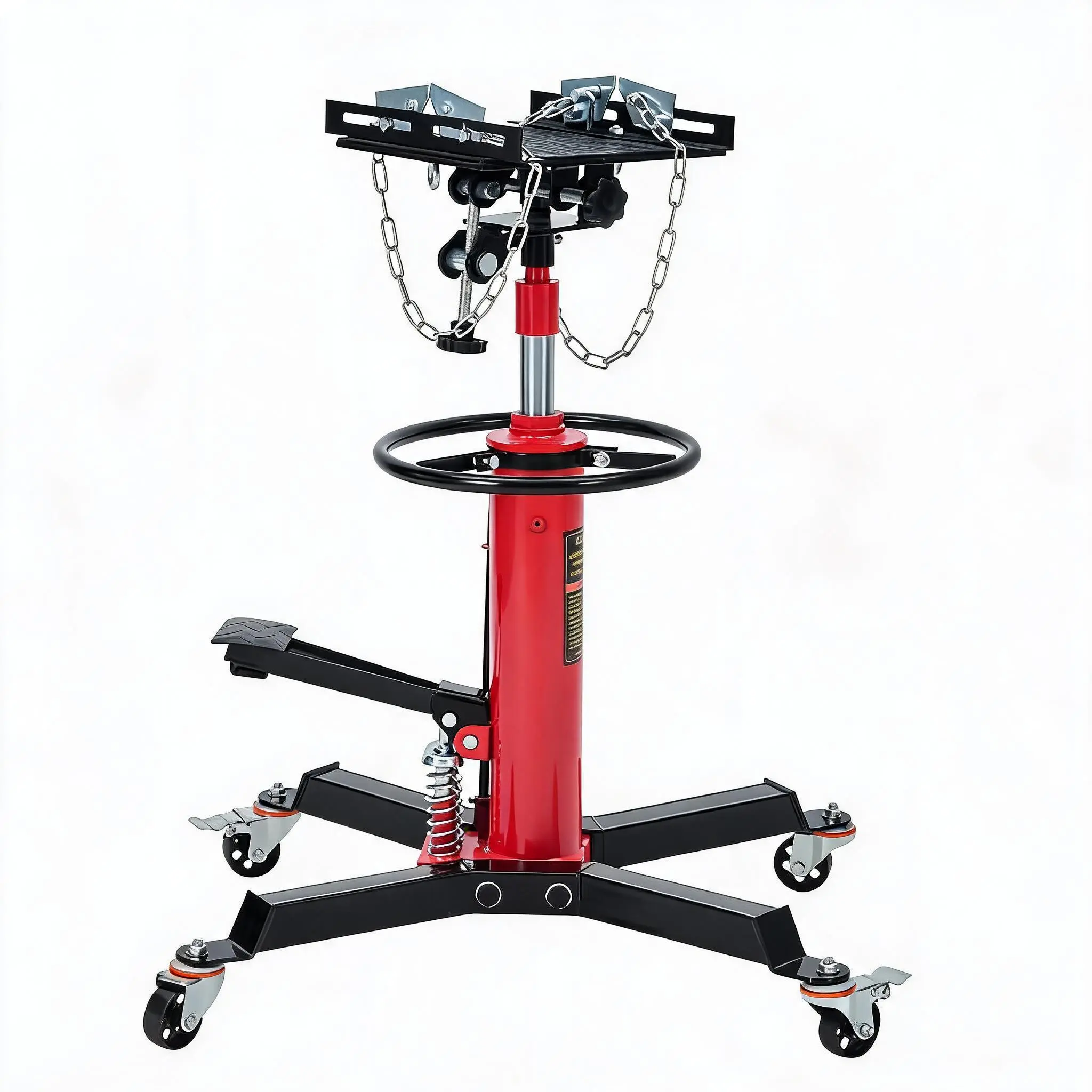 Hydraulic Transmission Jack, 1322 LB Capacity, High Lift Transmission Lift with Dual Plungers, 360° Rotation & 30° Tilting Saddle for Home Garage & Auto Shop, Red