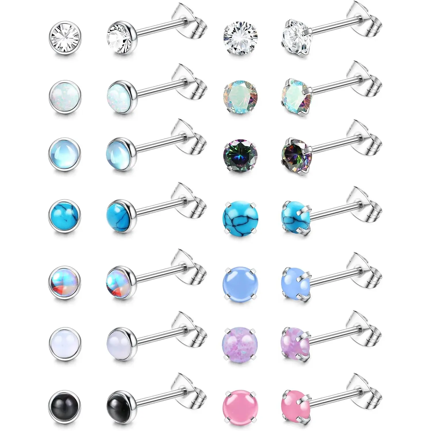 14 Pairs Hypoallergenic Surgical Steel Stud Earrings for Women | Tiny Stainless Steel Earrings, Mini CZ, Opal, Moonstone & Turquoise Studs, Piercing Jewelry Set
