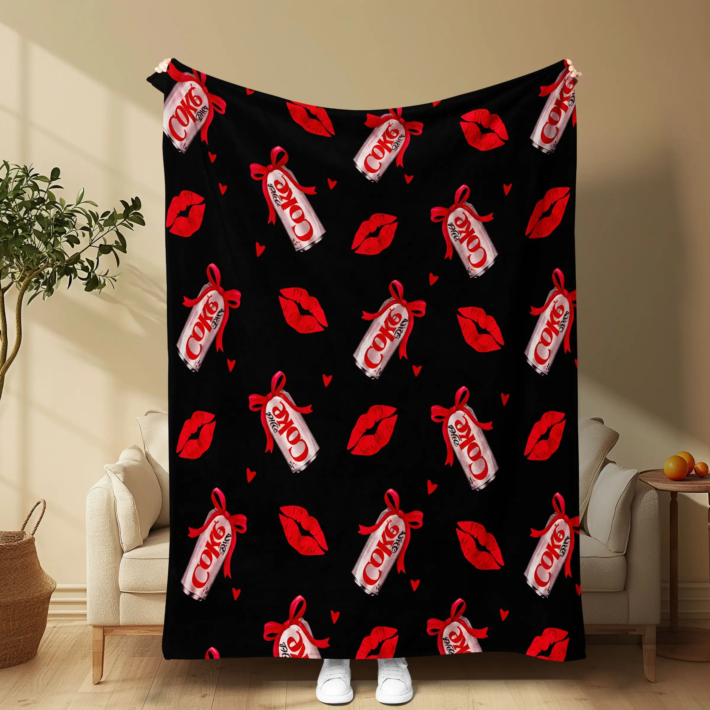 Coca-Cola Lipstick Flannel Blanket, Vintage American Style, Soft High-Density Flannel, Perfect for Sofa, Office, Y2K Aesthetic Photography