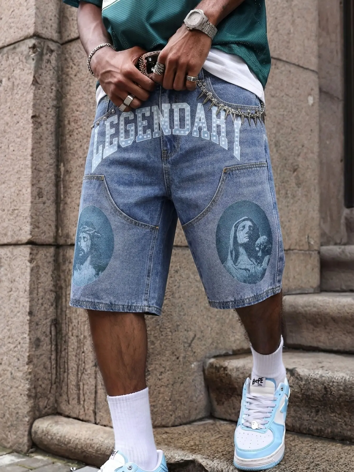 Vintage Washed Denim Shorts, Loose Straight Leg Patchwork Print Five-Pocket Pants, Unisex Street Style, All-Season Wear